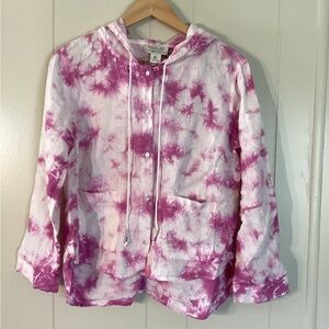 Rachel Zoe size Small purple tie dyed 100% linen button down hoodie